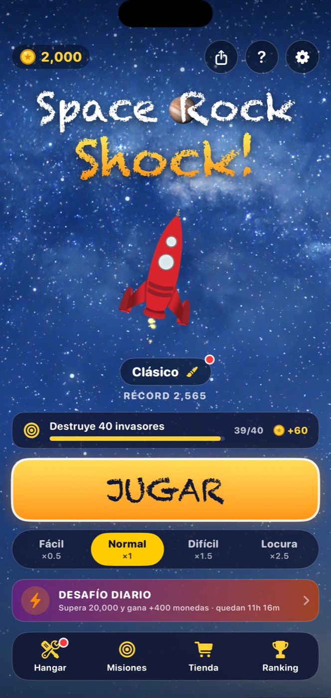 Pantalla de inicio de Space Rock Shock en español con el cohete rojo y el botón JUGAR