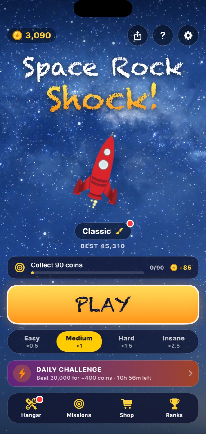 Space Rock Shock home screen with the red rocket and the PLAY button